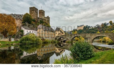 Burg Runkel By The River Lahn In Sunset.