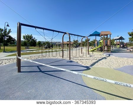 Closed Community Park With Playground For Kids Due To Covid 19. Coronavirus Virus Panic And Quaranti