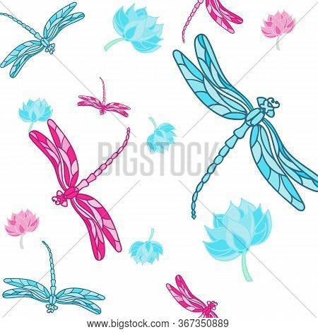 Abstract Seamless Pattern With Dragonflies On Light Background With Colorful Lotus. Modern Template 