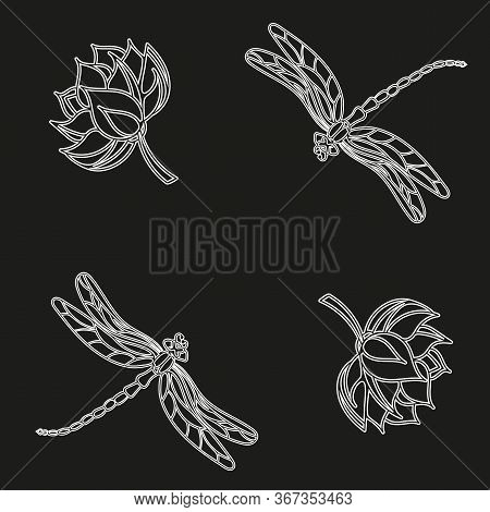 Abstract Seamless Pattern With Dragonflies And Lotus On Black Background. Modern Template For Fabric