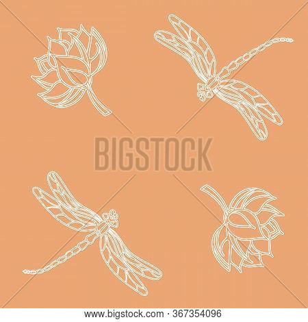 Abstract Seamless Pattern With White Dragonflies And Lotus On A Light Background. Modern Template Fo