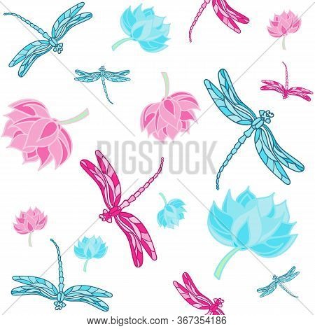 Abstract Seamless Pattern With Dragonflies On Light Background With Colorful Lotus. Modern Template 