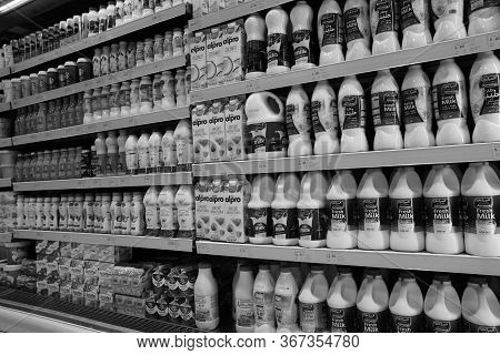 Dubai Uae December 2019 Milk Bottles Arranged On Shelves For Sale. Variety Of Sizes. Also Present Fl