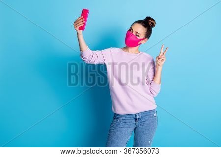 Photo Of Pretty Attractive Lady Keep Social Distance People Hold Telephone Making Selfies Online Blo