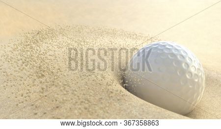 An Extreme Action Close Up Of A Golf Ball Impacting Sand In A Bunker And Spraying Grains Of Sand  - 