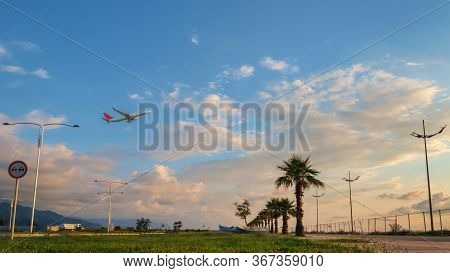 A Passenger Plane Flying Up In The Blue And Cloudy Sky Over The Field With Palm Trees