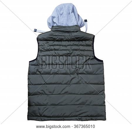 Back View Of Vest With A Hood Isolated On The White Background, Green Vest Top View On A White Backg