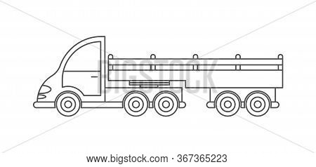 Vector Icon Of A Tractor With A Trailer. Simple Design, An Empty Outline Isolated On A White Backgro