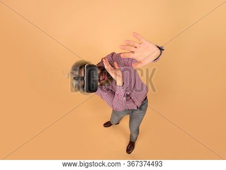Vr. Scared Man In Virtual Reality Headset. Future. Future Technology Concept. Men Using Vr Headset. 
