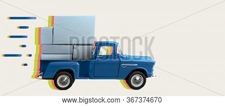 Fast order delivery. Car delivering blank boxes. Loaded retro toy pickup truck with trail behind