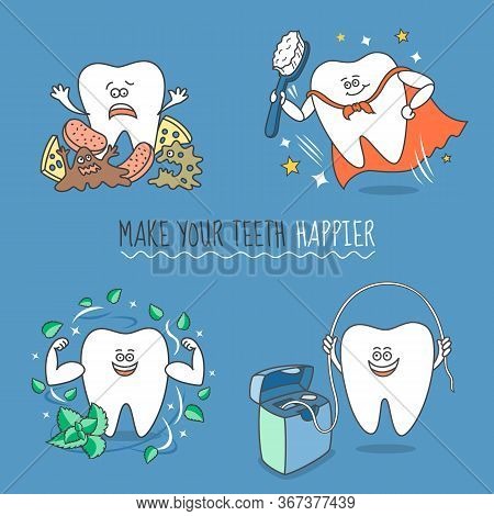 Set Of Cartoon Teeth With Different Objects That Depict Cleaning Teeth. The Tooth With Debris, Floss