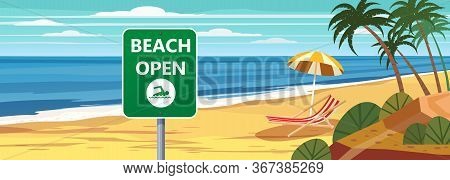 Summer Beach Banner Open. Seascape Ocean Shore Tropical Flora Palms. Opening Season Vacation. Vector
