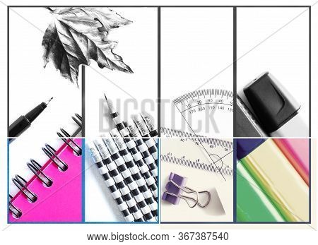 Colorful Collage Of School, Office Supplies. Images Of Spiral Notebook, Organizer Pencils, Highlight