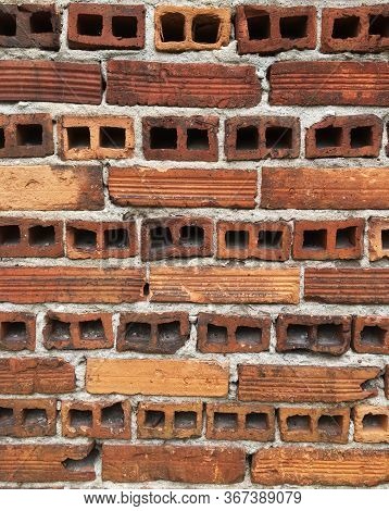 Weathered Texture Of Stained Old Dark Brown And Red Brick Wall Background, Grungy Rusty Blocks Of St