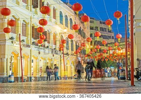 Macau, Macau - January 11,2016 - Senado Square Nigth View Of Macau. This Square Is The Largest In Ma