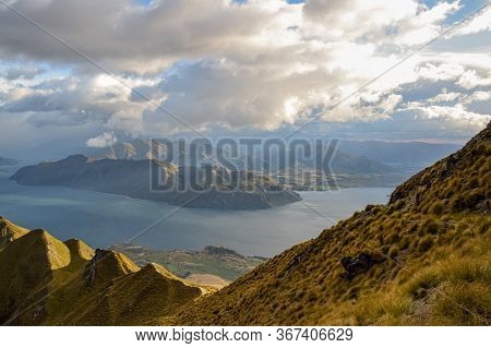 Panoramic Top View Landscape, Blue Water Mountain And Sky Background