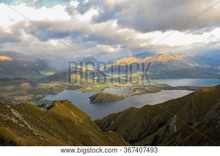 Panoramic Top View Landscape, Blue Water Mountain And Sky Background
