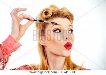 Beautiful Thick Eyebrows, Pin Up. Perfect Eyebrows, Make-up Correction. Funny Eyebrow.