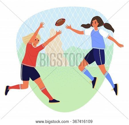 Two Student Girls Play Rugby In School Sports Ground. Flat Cartoon Vector Stock Illustration Isolate