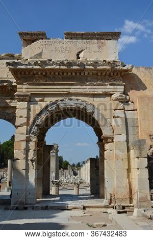 Ephesus, Turkey - August 16, 2017: Celsus Library In Ephesus Ancient City, Selcuk, Turkey. Gate Of M