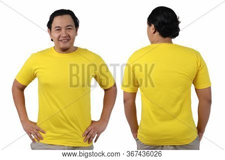 Yellow T-shirt Mock Up, Front And Back View, Isolated On White. Male Model Wear Plain Yellow Shirt M
