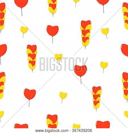 Colourful Pattern With Balloons. Flying Red And Yellow Hearts .