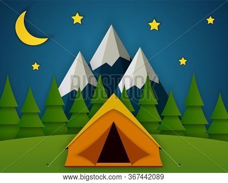 Paper Cut Summer Night Landsape. Landscape With Yellow Tent, Forest And Mountains On The Background.