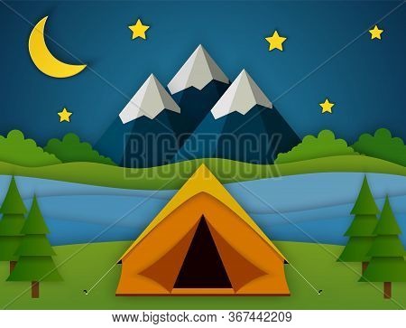 Paper Cut Summer Night Landsape. Landscape With Yellow Tent, Forest And Mountains On The Background.