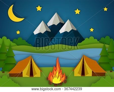 Paper Cut Summer Night Landsape. Landscape With Yellow Tent, Forest And Mountains On The Background.