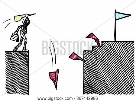 Freehand Drawing Of Business Man Ready To Throw A Green Paper Airplane Towards His Goal, While Three