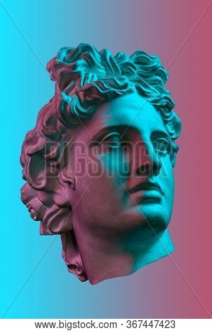 Collage With Plaster Antique Sculpture Of Human Face In A Pop Art Style. Creative Concept Colorful N