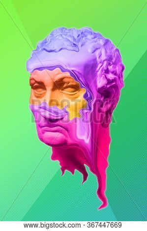 Collage With Plaster Antique Sculpture Of Human Face In A Pop Art Style. Creative Concept Colorful N