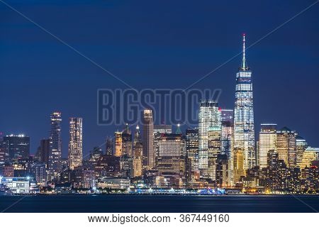 New York,usa, 08-25-17: New York City Skyline  At Night With Reflection In Hudson River.