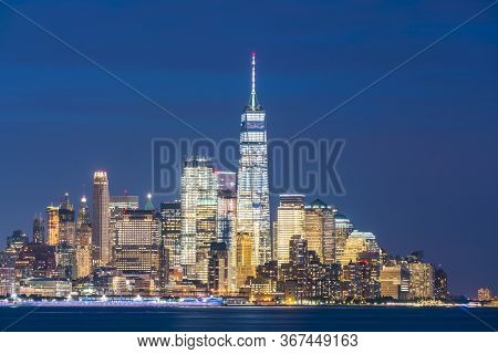 New York,usa, 08-25-17: New York City Skyline  At Night With Reflection In Hudson River.
