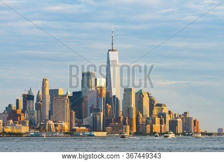 New York,usa, 08-25-17: New York City Skyline  At Night With Reflection In Hudson River.