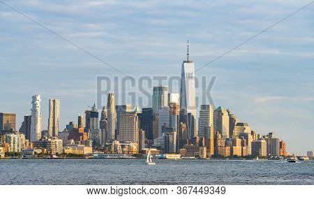 New York,usa, 08-25-17: New York City Skyline  At Night With Reflection In Hudson River.