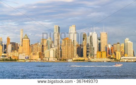 New York,usa, 08-25-17: New York City Skyline  At Night With Reflection In Hudson River.