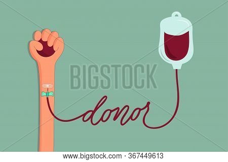 Blood Donation Concept Illustration. Donors Hands Connected With Blood Transfusion Bag.