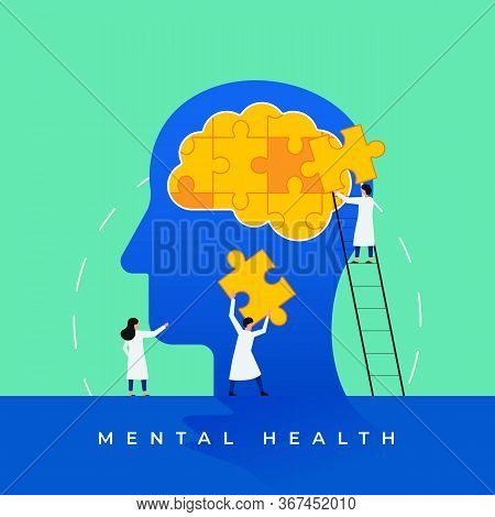 Mental Health Medical Treatment Vector Illustration. Psychology Specialist Doctor Work Together To F