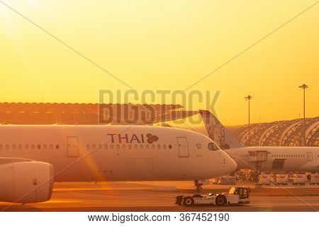Bangkok, Thailand-febuary 20, 2020 : Thai Airways Airlines. Passenger Plane Parked At Suvarnabhumi A