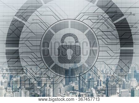 Global Cybersecurity Mixed Media With Virtual Locking Padlock On Cityscape Background. Data Cryptogr