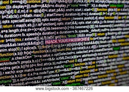 Macro Photo Of Computer Screen With Program Source Code And Highlighted Hijack Your Passwords Inscri