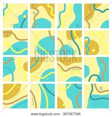 Set Of Sixteen Abstract Isolated Backgrounds. Hand Drawn Various Shapes And Doodle Objects. Modern C