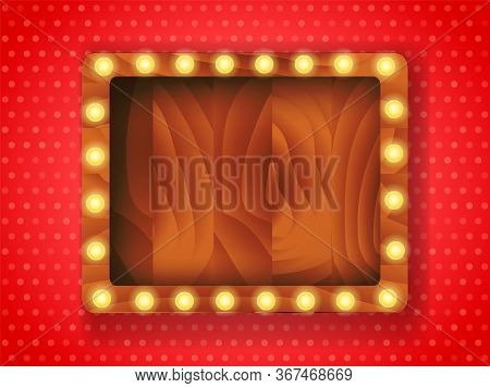 Brown Wooden Board With Light Bulbs On A Wall. Vector Stock Illustration For Card Or Banner