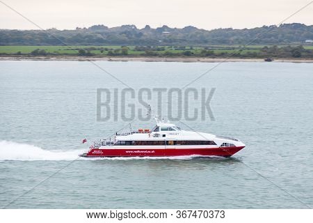 Southampton, England - October 13:  The Red Funnel Ferry Red Jet 3 Departs Southampton On October 13