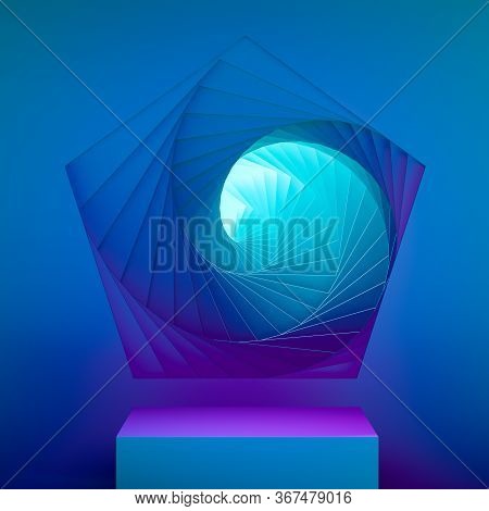 Blue Foursquare Showcase With Empty Space On Pedestal On Blue Background Near Abstract Geometric Arc