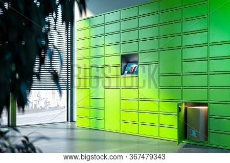 Bright Green Or Lime Colored Self-service Post Terminal Machine And One Open Locker. 3d Rendering.