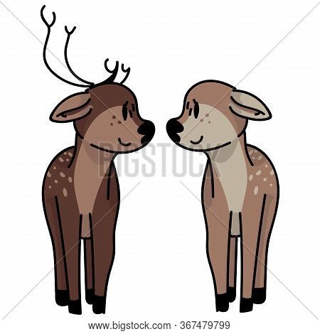 Kawaii Forest Doe And Stag Love Vector Illustration. Buck Deer With Antlers. Childlish Hand Drawn Do