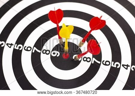 Right To Target Concept Using Darts In Bulseye On Darts Business Success Concept. Destruction Of Com