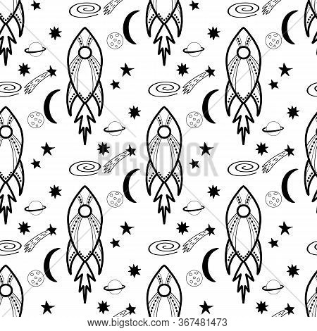 Seamless Pattern Made With Doodle Rockets, Planets, Stars, Comets. Isolated On White Background. Vec